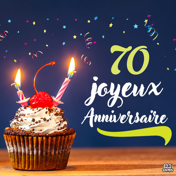 Carte joyeux anniversaire 70 ans avec cupcake décoré de cerises et bougies allumées