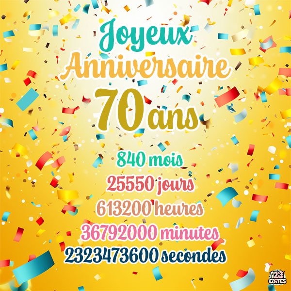 Carte joyeux anniversaire 70 ans avec confettis colorés et chiffres détaillant les années, mois, jours, heures, minutes et secondes