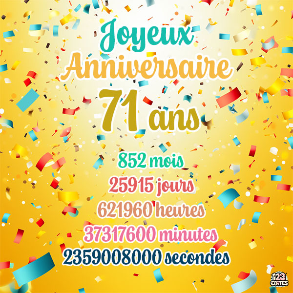 Carte joyeux anniversaire 71 ans avec confettis colorés et chiffres détaillant les années, mois, jours, heures, minutes et secondes