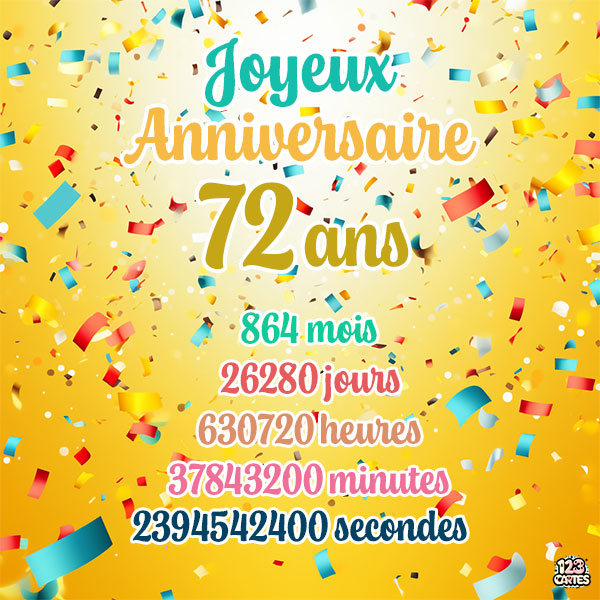 Carte joyeux anniversaire 72 ans avec confettis colorés et chiffres détaillant les années, mois, jours, heures, minutes et secondes