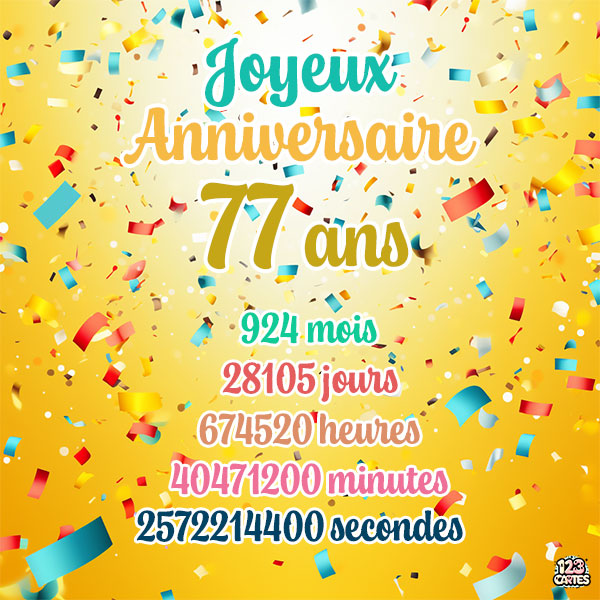 Carte joyeux anniversaire 77 ans avec confettis colorés et chiffres détaillant les années, mois, jours, heures, minutes et secondes