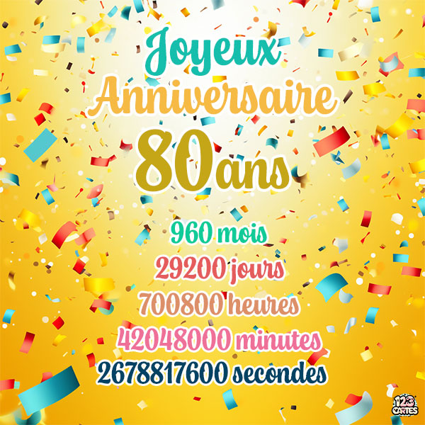 Carte joyeux anniversaire 80 ans avec confettis colorés et chiffres détaillant les années, mois, jours, heures, minutes et secondes