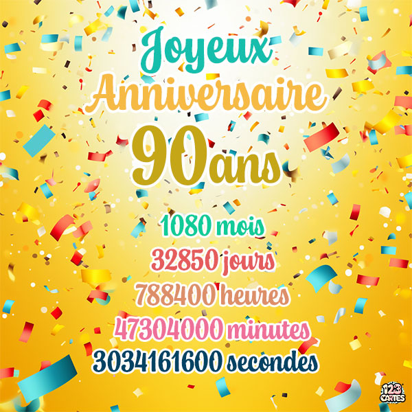 Carte joyeux anniversaire 90 ans avec confettis colorés et chiffres détaillant les années, mois, jours, heures, minutes et secondes