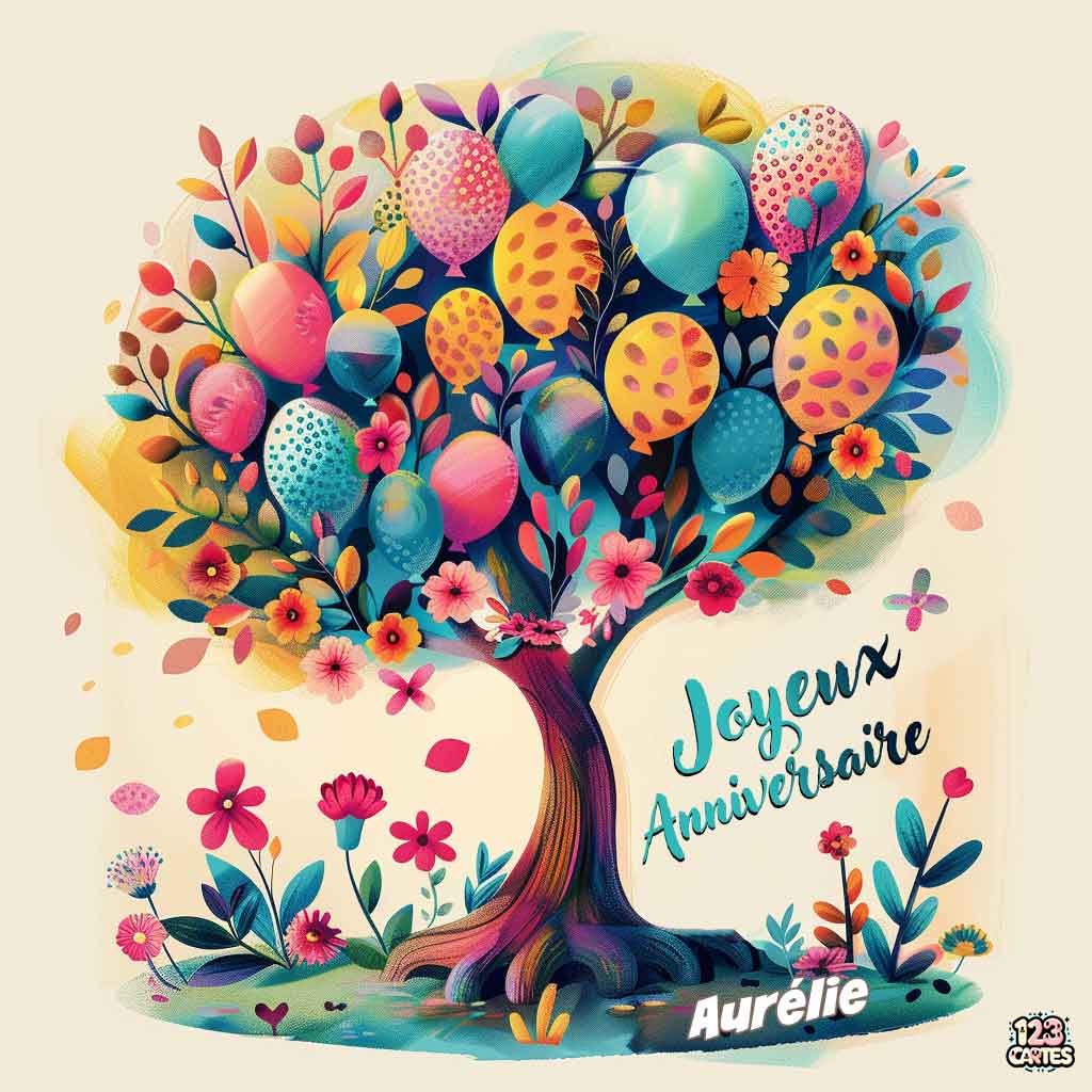 Illustration d'un arbre coloré avec des ballons et des fleurs avec texte "Joyeux Anniversaire Aurélie"