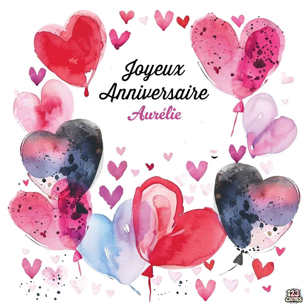 Ballons en forme de cœur avec motifs aquarelle et texte "Joyeux Anniversaire Aurélie"