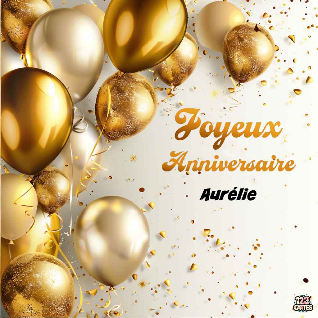 Ballons dorés et paillettes sur fond blanc avec texte "Joyeux Anniversaire Aurélie"