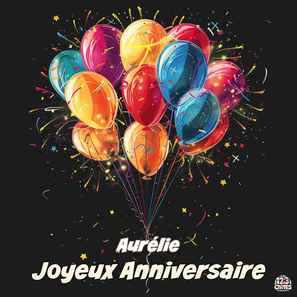 Ballons colorés avec des effets de feu d'artifice sur fond noir avec texte "Joyeux Anniversaire Aurélie"