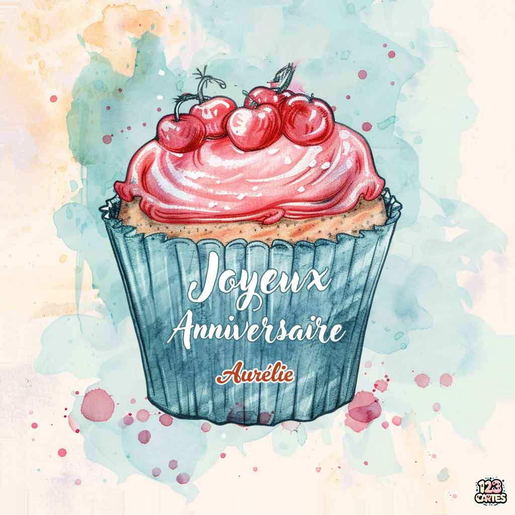 Cupcake à la crème et aux cerises sur fond aquarelle et texte "Joyeux Anniversaire Aurélie"