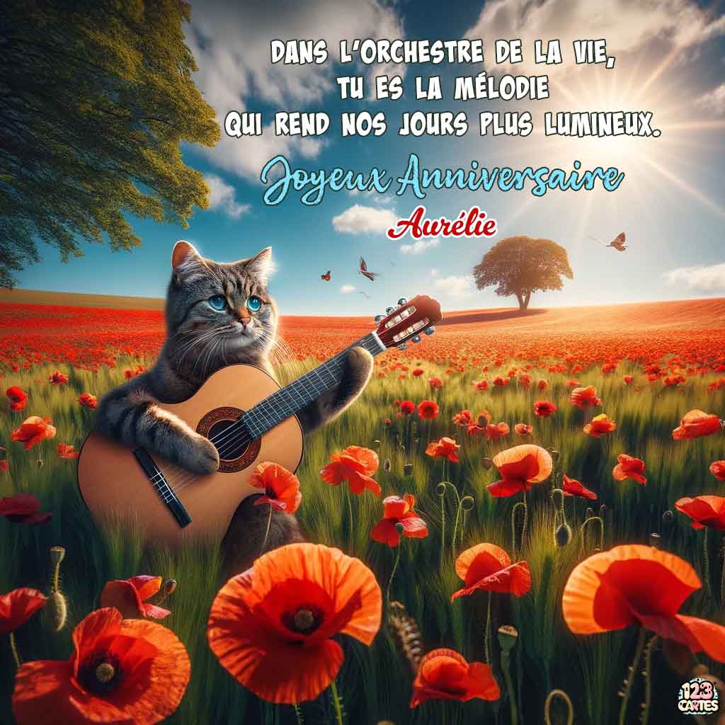 Chat jouant de la guitare dans un champ de coquelicots avec texte "Dans l'orchestre de la vie, tu es la mélodie qui rend nos jours plus lumineux. Joyeux Anniversaire Aurélie