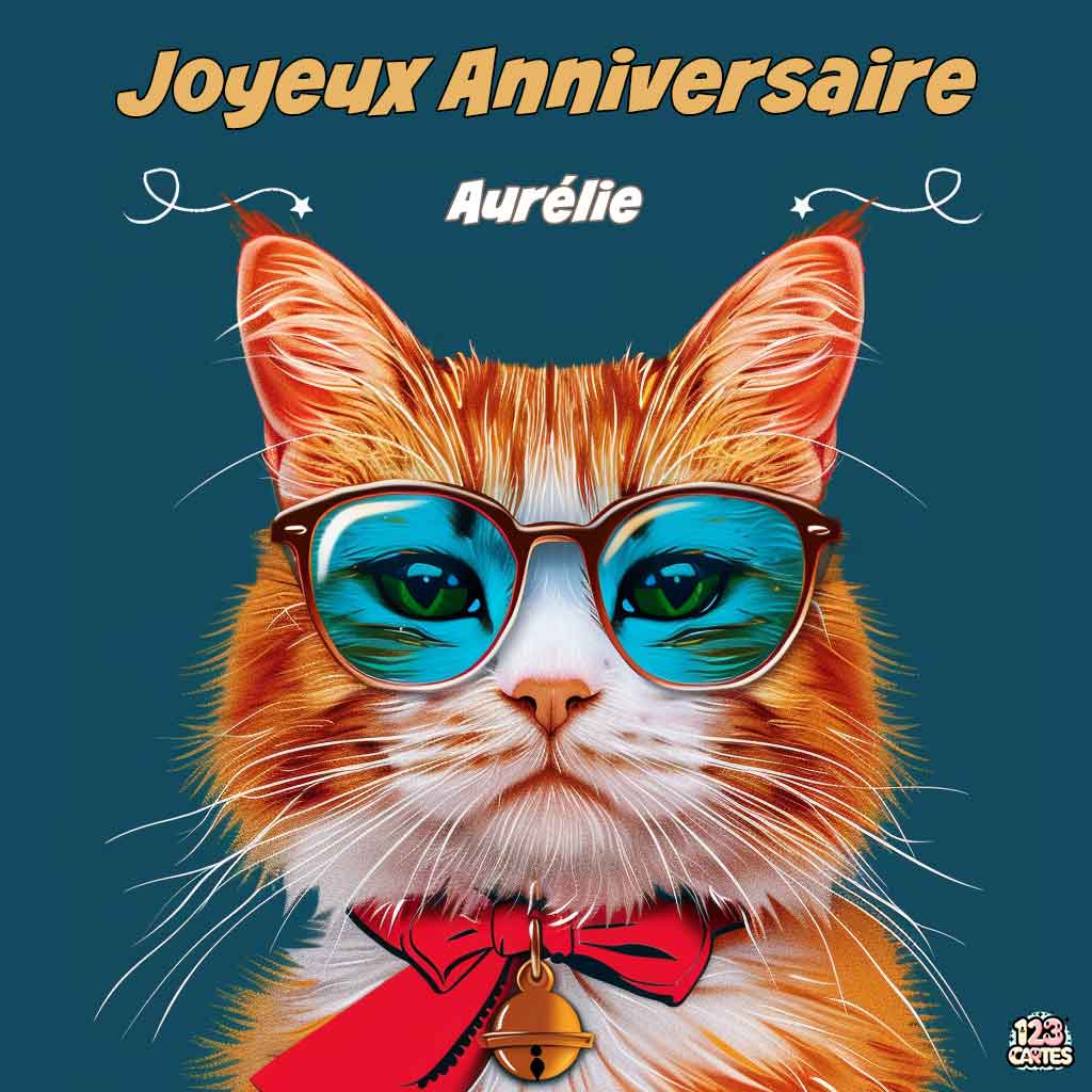 Chat avec lunettes de soleil bleues et nœud papillon rouge sur fond bleu avec texte "Joyeux Anniversaire Aurélie"