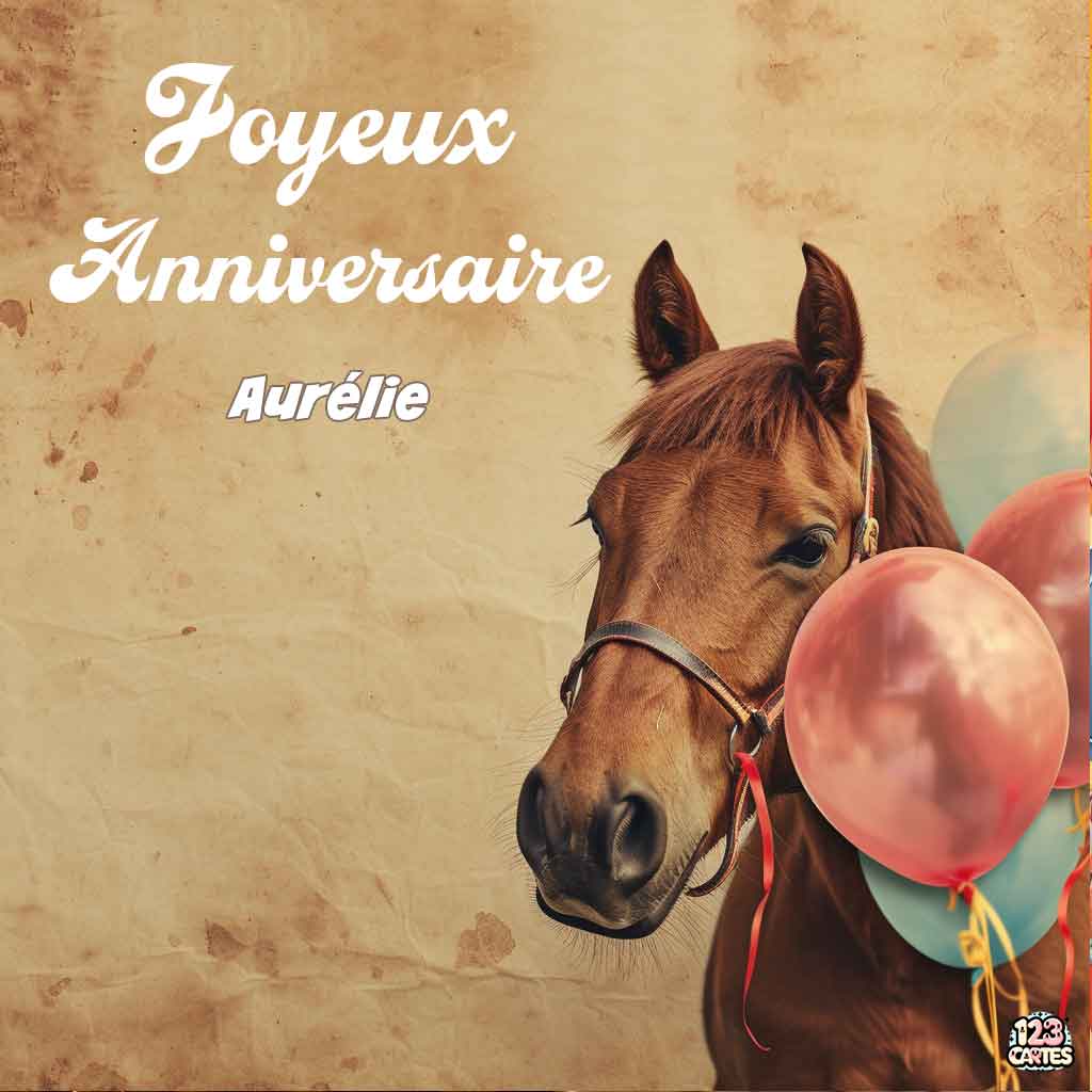 Cheval avec ballon rose sur fond texturé avec texte "Joyeux Anniversaire Aurélie"