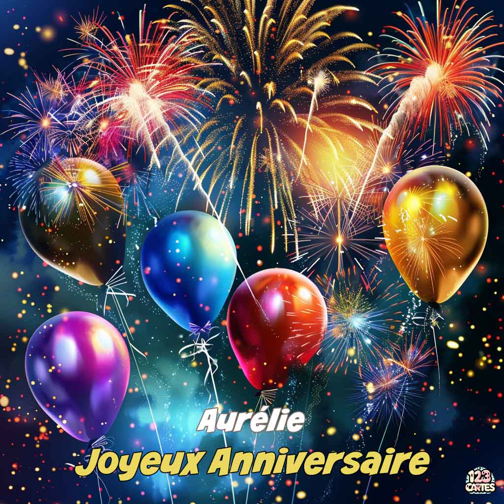 Ballons colorés avec des feux d'artifice en arrière-plan et texte "Joyeux Anniversaire Aurélie"