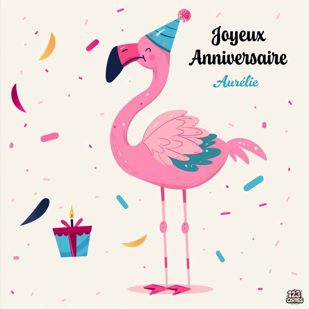 Flamant rose avec chapeau de fête et cadeau avec texte "Joyeux Anniversaire Aurélie"