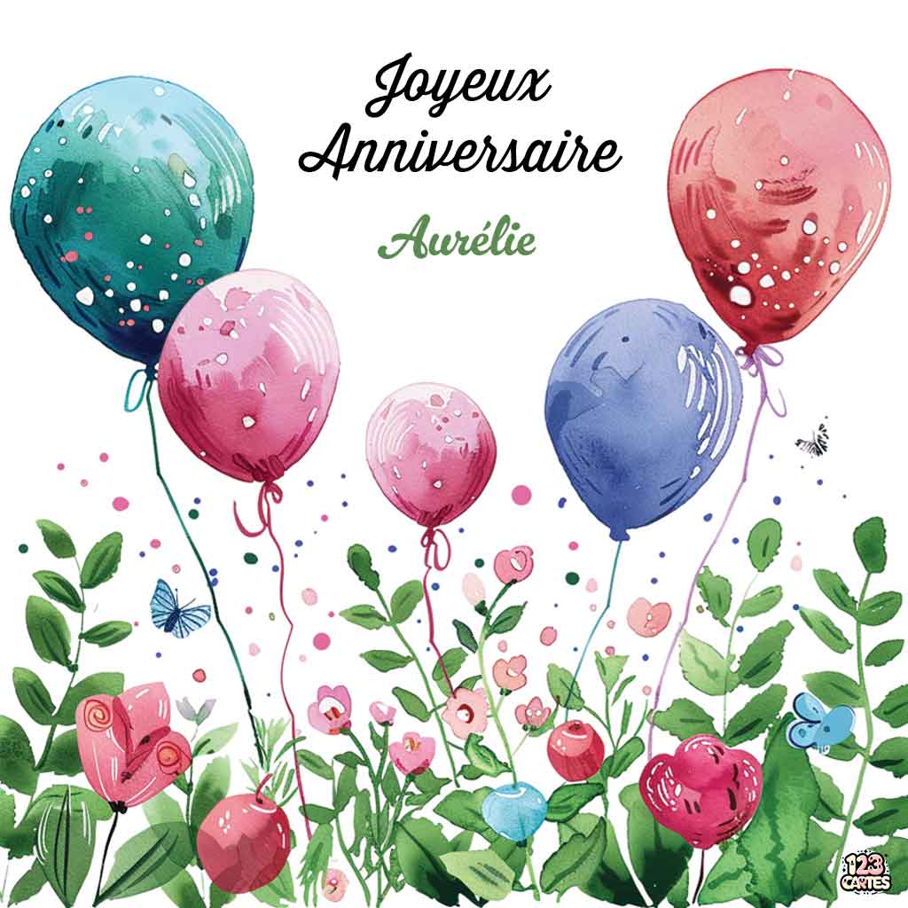 Ballons colorés et fleurs sur fond blanc et texte "Joyeux Anniversaire Aurélie"