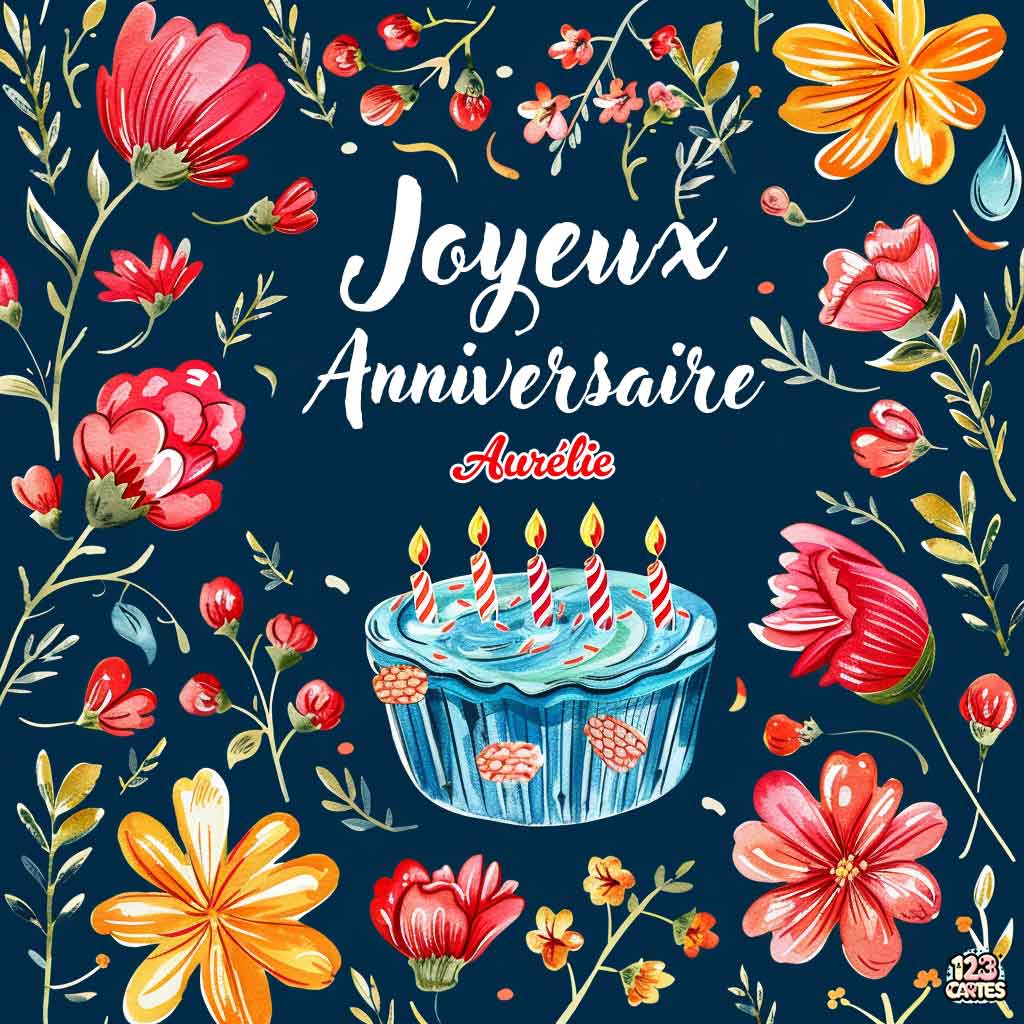 Gâteau avec bougies entouré de fleurs colorées sur fond bleu foncé avec texte "Joyeux Anniversaire Aurélie"