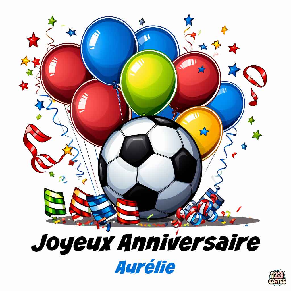 Ballons colorés avec un ballon de football et des confettis et texte "Joyeux Anniversaire Aurélie"