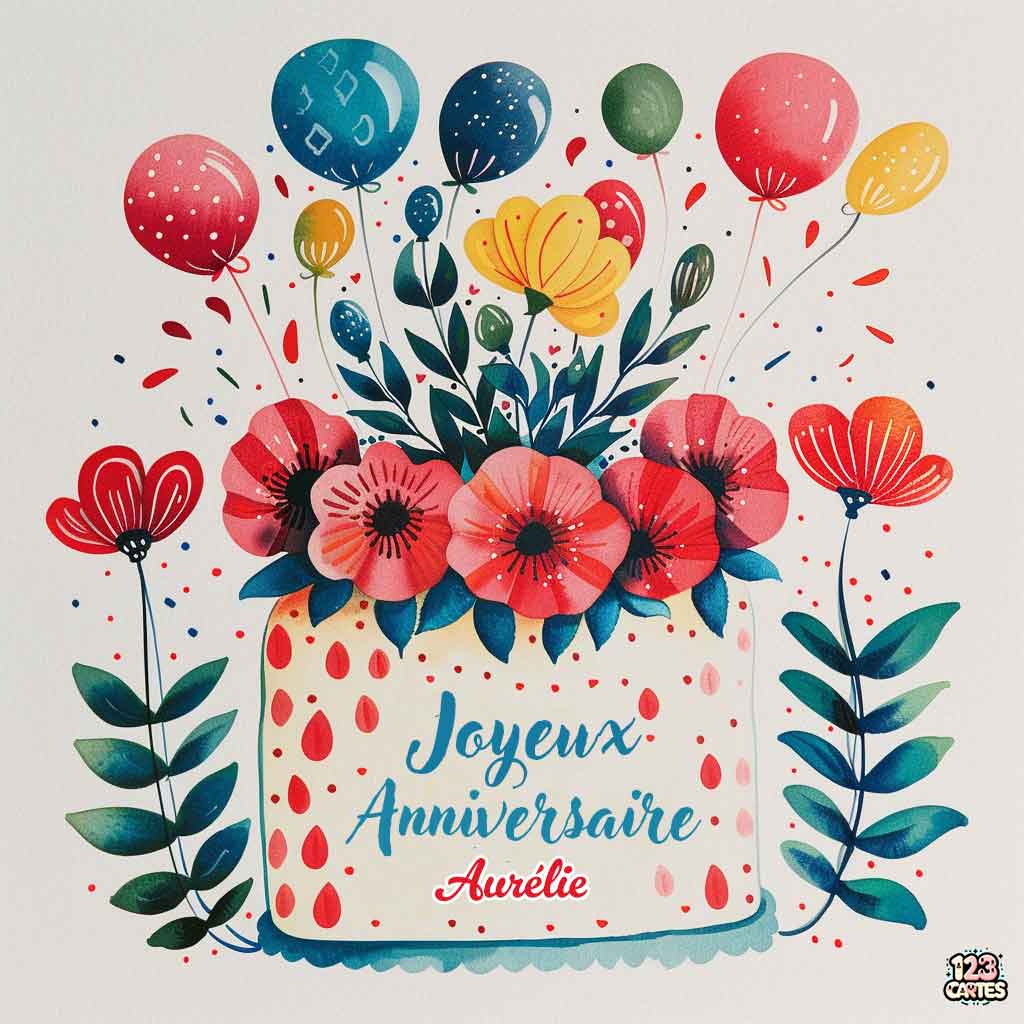 Assortiment de fleurs et de gourmandises sur fond blanc avec texte "Joyeux Anniversaire Aurélie"