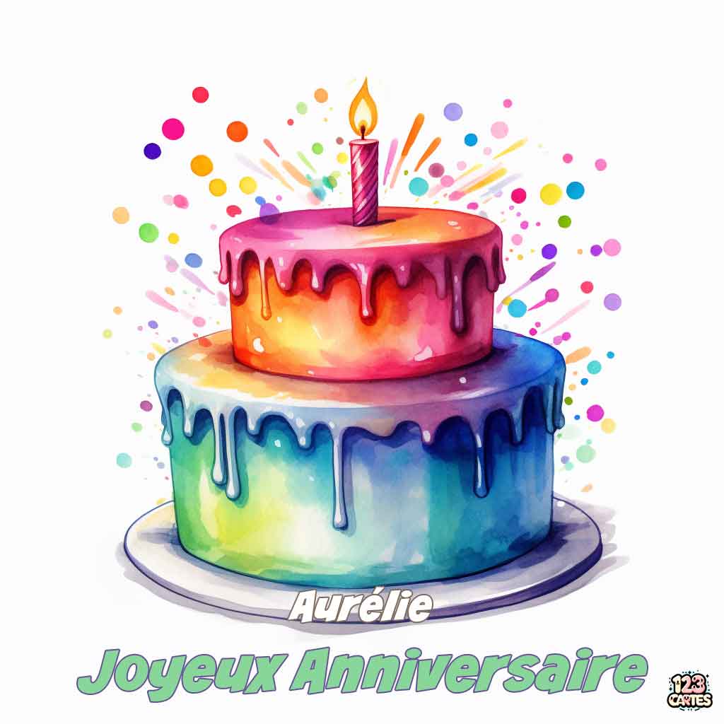 Gâteau arc-en-ciel avec bougie sur fond blanc avec texte "Joyeux Anniversaire Aurélie"