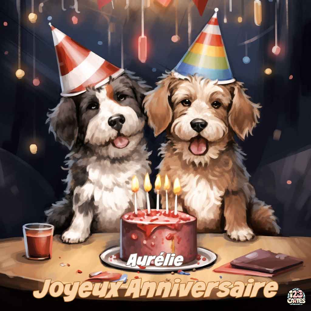 Deux chiots mignons avec des chapeaux de fête devant un gâteau d'anniversaire avec texte "Joyeux Anniversaire Aurélie"