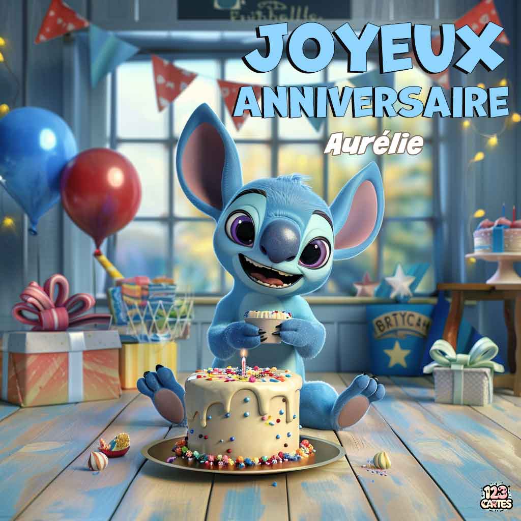 Stitch de Disney avec un gâteau d'anniversaire et texte "Joyeux Anniversaire Aurélie"