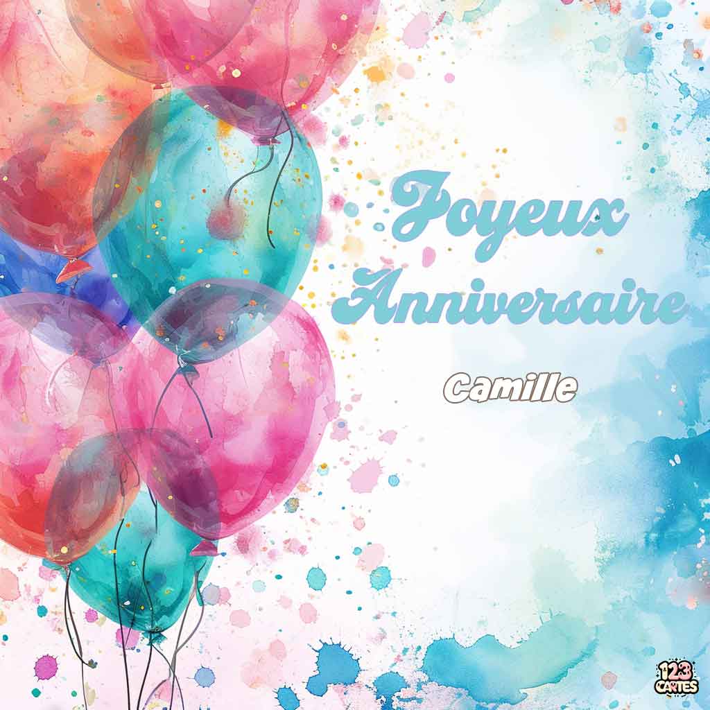 Ballons colorés en aquarelle sur fond abstrait avec texte "Joyeux Anniversaire Camille"