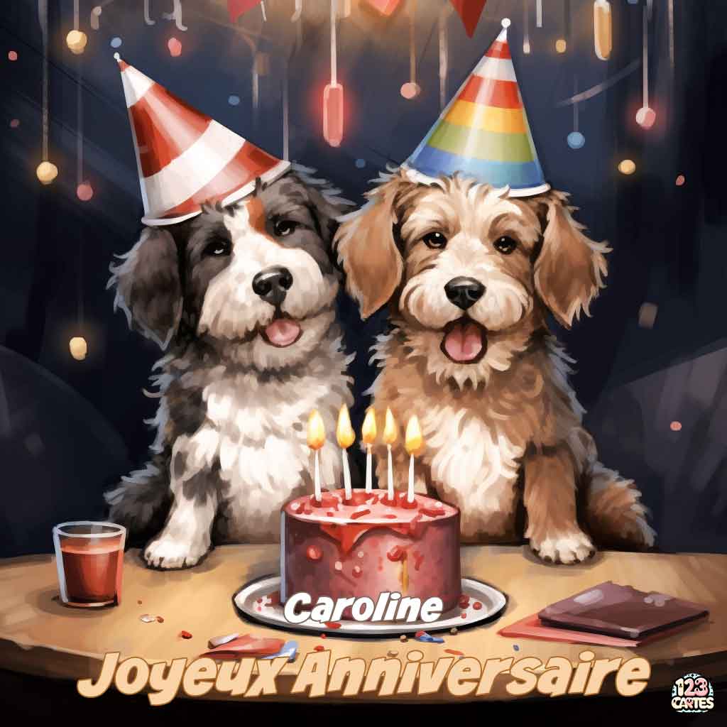 Deux chiots mignons avec des chapeaux de fête devant un gâteau d'anniversaire avec texte "Joyeux Anniversaire Caroline"