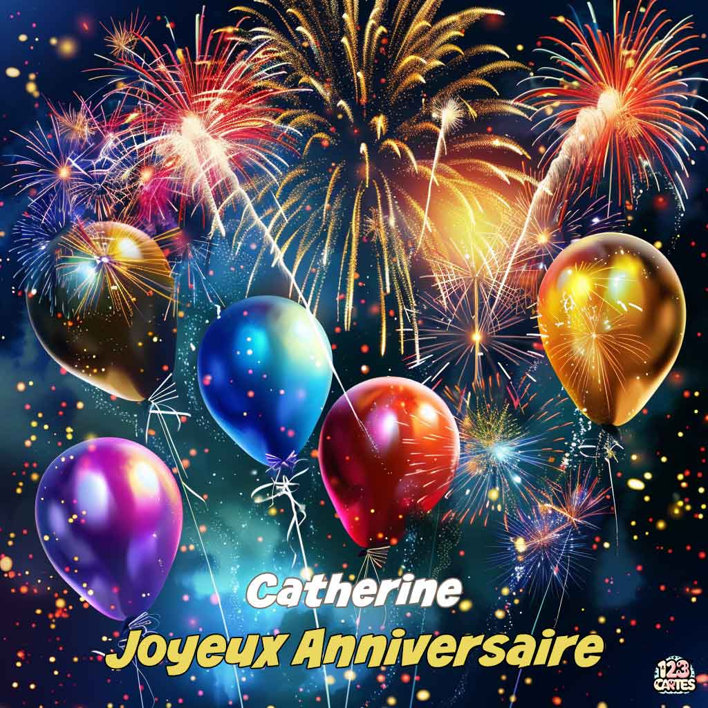 Ballons colorés avec des feux d'artifice en arrière-plan et texte "Joyeux Anniversaire Catherine"