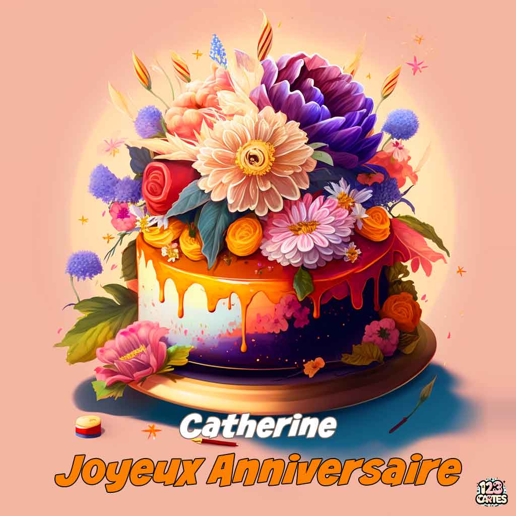 Gâteau décoré de fleurs sur fond orange et texte "Joyeux Anniversaire Catherine"