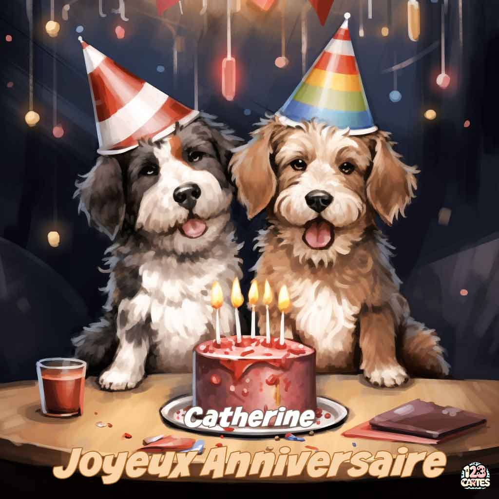 Deux chiots mignons avec des chapeaux de fête devant un gâteau d'anniversaire avec texte "Joyeux Anniversaire Catherine"