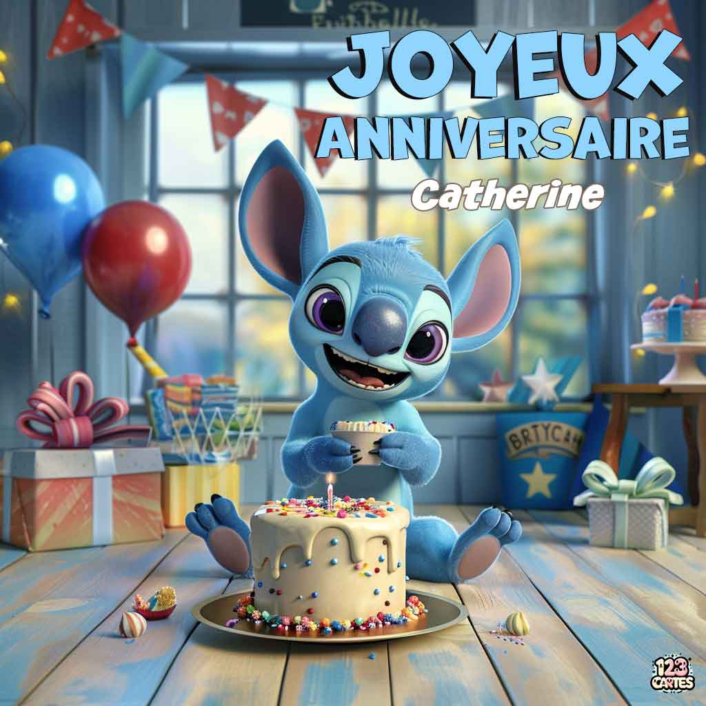 Stitch de Disney avec un gâteau d'anniversaire et texte "Joyeux Anniversaire Catherine"