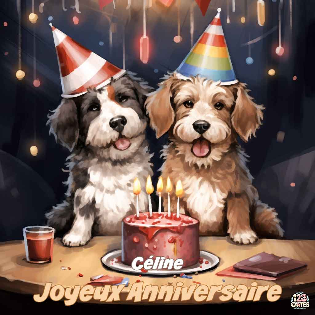 Deux chiots mignons avec des chapeaux de fête devant un gâteau d'anniversaire avec texte "Joyeux Anniversaire Céline"