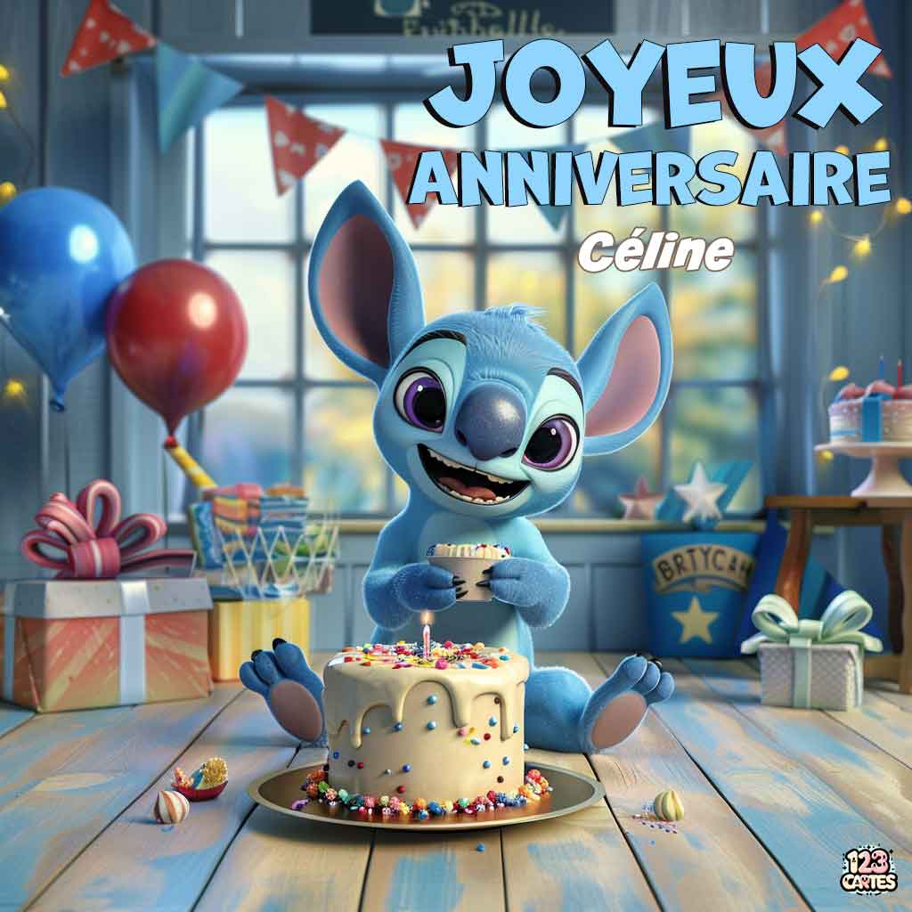 Stitch de Disney avec un gâteau d'anniversaire et texte "Joyeux Anniversaire Céline"