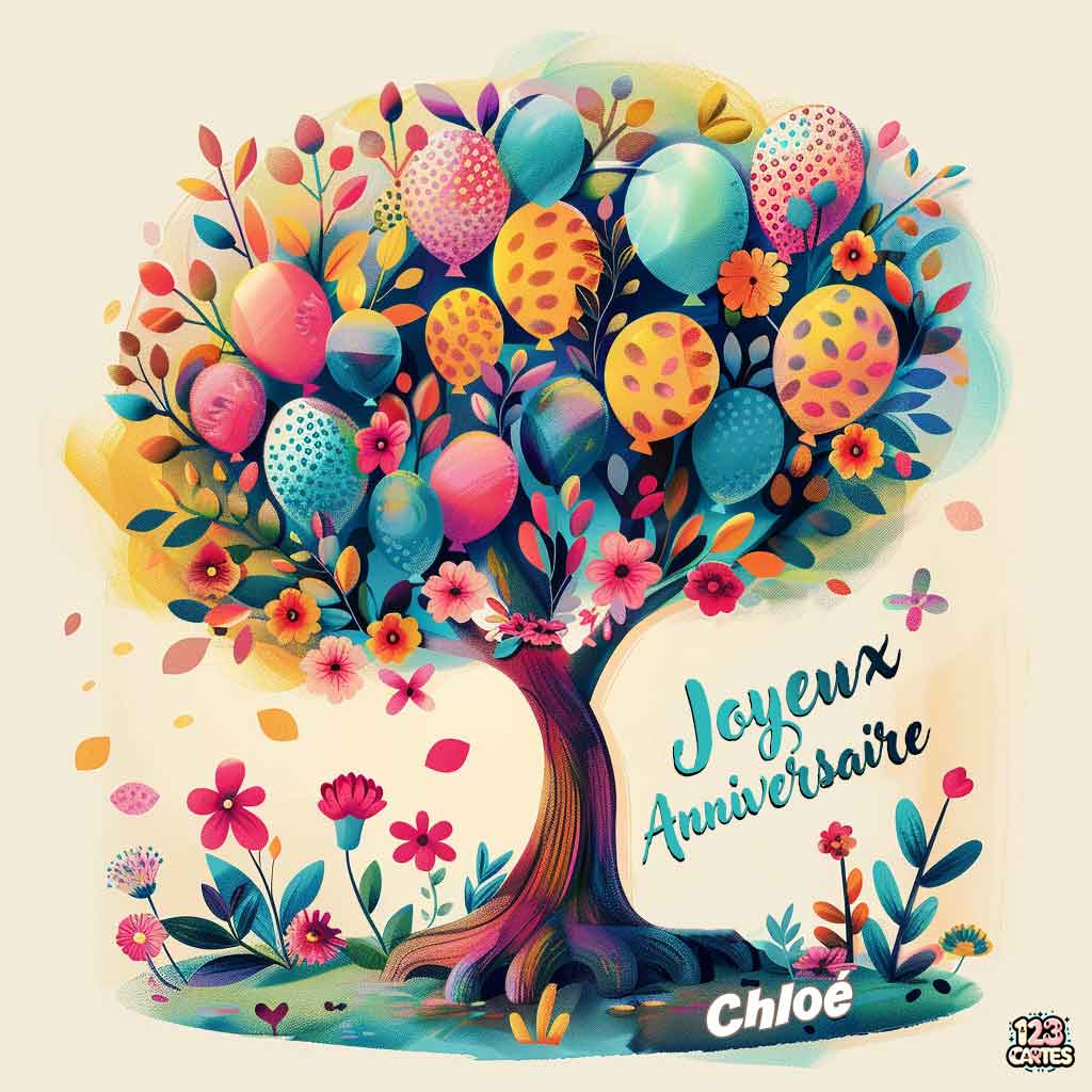 Illustration d'un arbre coloré avec des ballons et des fleurs avec texte "Joyeux Anniversaire Chloé"