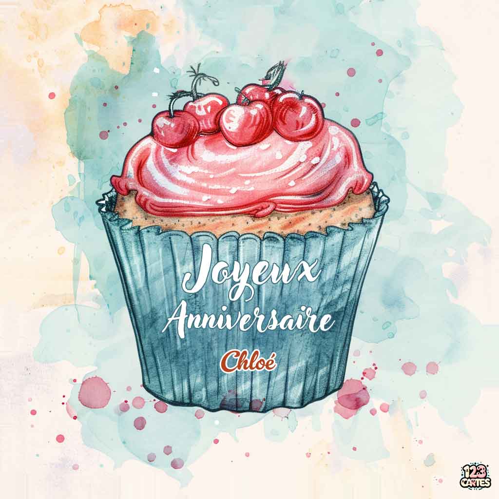 Cupcake à la crème et aux cerises sur fond aquarelle et texte "Joyeux Anniversaire Chloé"