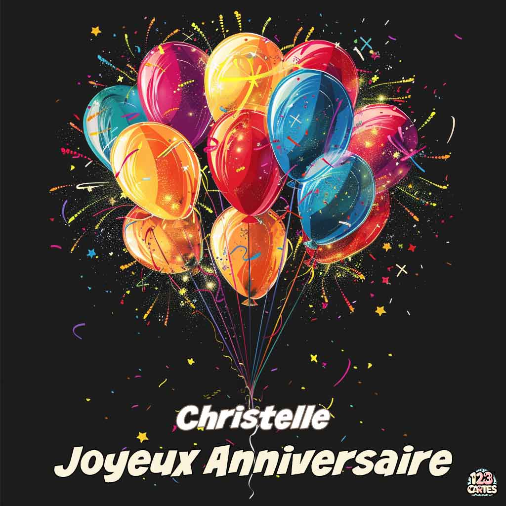 Ballons colorés avec des effets de feu d'artifice sur fond noir avec texte "Joyeux Anniversaire Christelle"