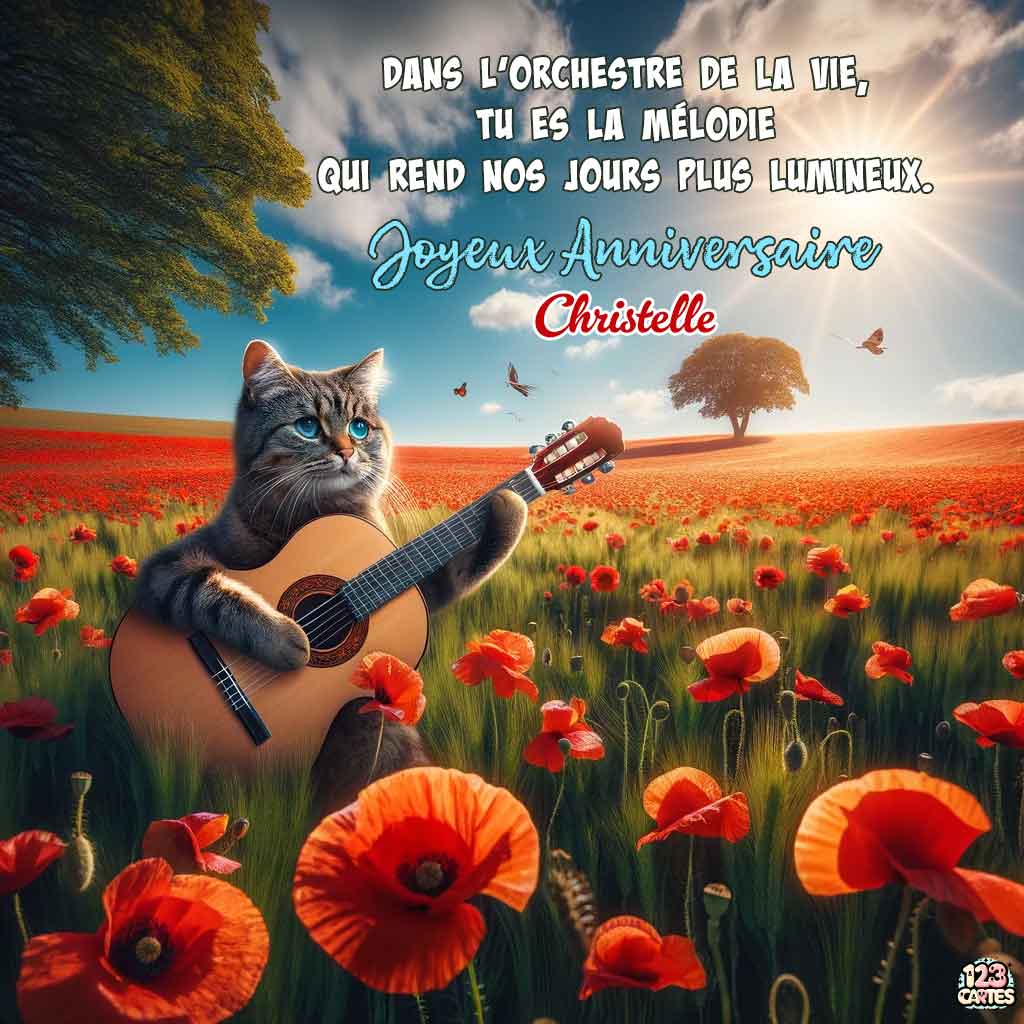 Chat jouant de la guitare dans un champ de coquelicots avec texte "Dans l'orchestre de la vie, tu es la mélodie qui rend nos jours plus lumineux. Joyeux Anniversaire Christelle