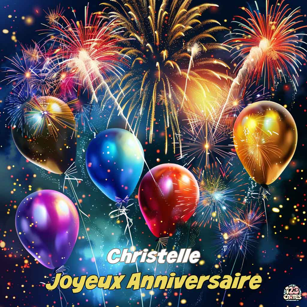 Ballons colorés avec des feux d'artifice en arrière-plan et texte "Joyeux Anniversaire Christelle"