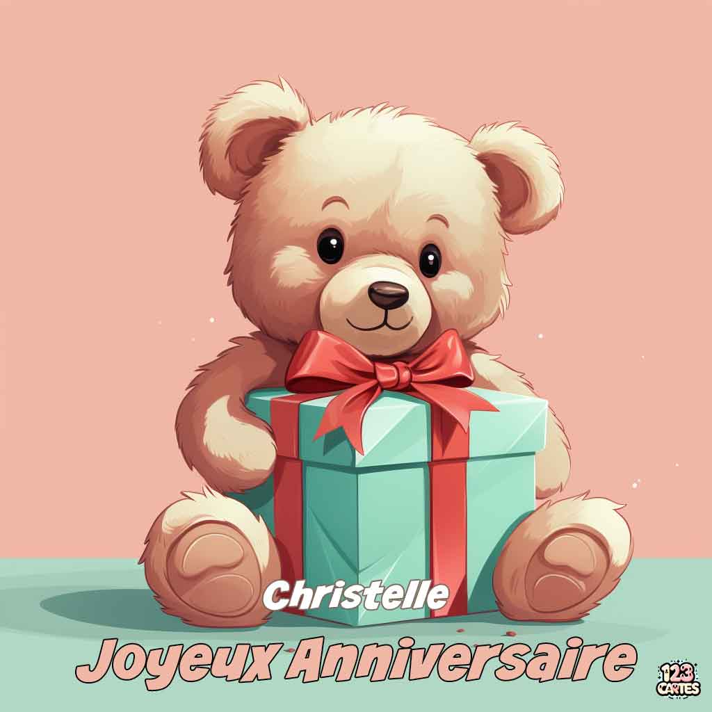 Ours en peluche tenant un cadeau sur fond rose avec texte "Joyeux Anniversaire Christelle"