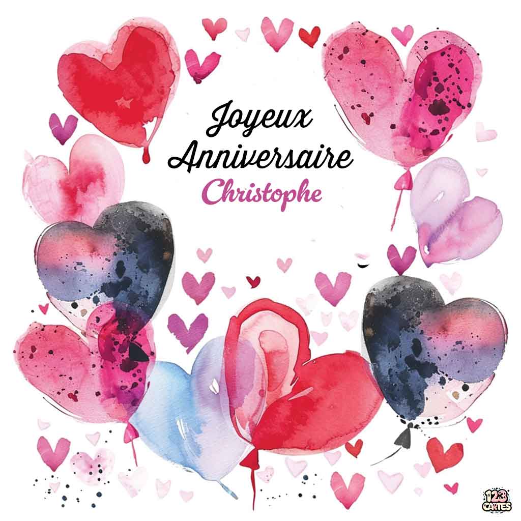 Ballons en forme de cœur avec motifs aquarelle et texte "Joyeux Anniversaire Christophe"