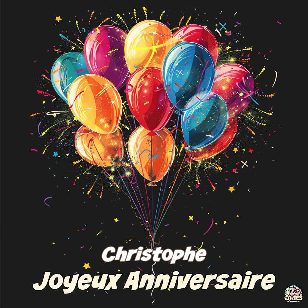 Ballons colorés avec des effets de feu d'artifice sur fond noir avec texte "Joyeux Anniversaire Christophe"