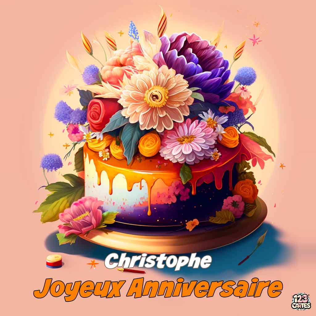 Gâteau décoré de fleurs sur fond orange et texte "Joyeux Anniversaire Christophe"