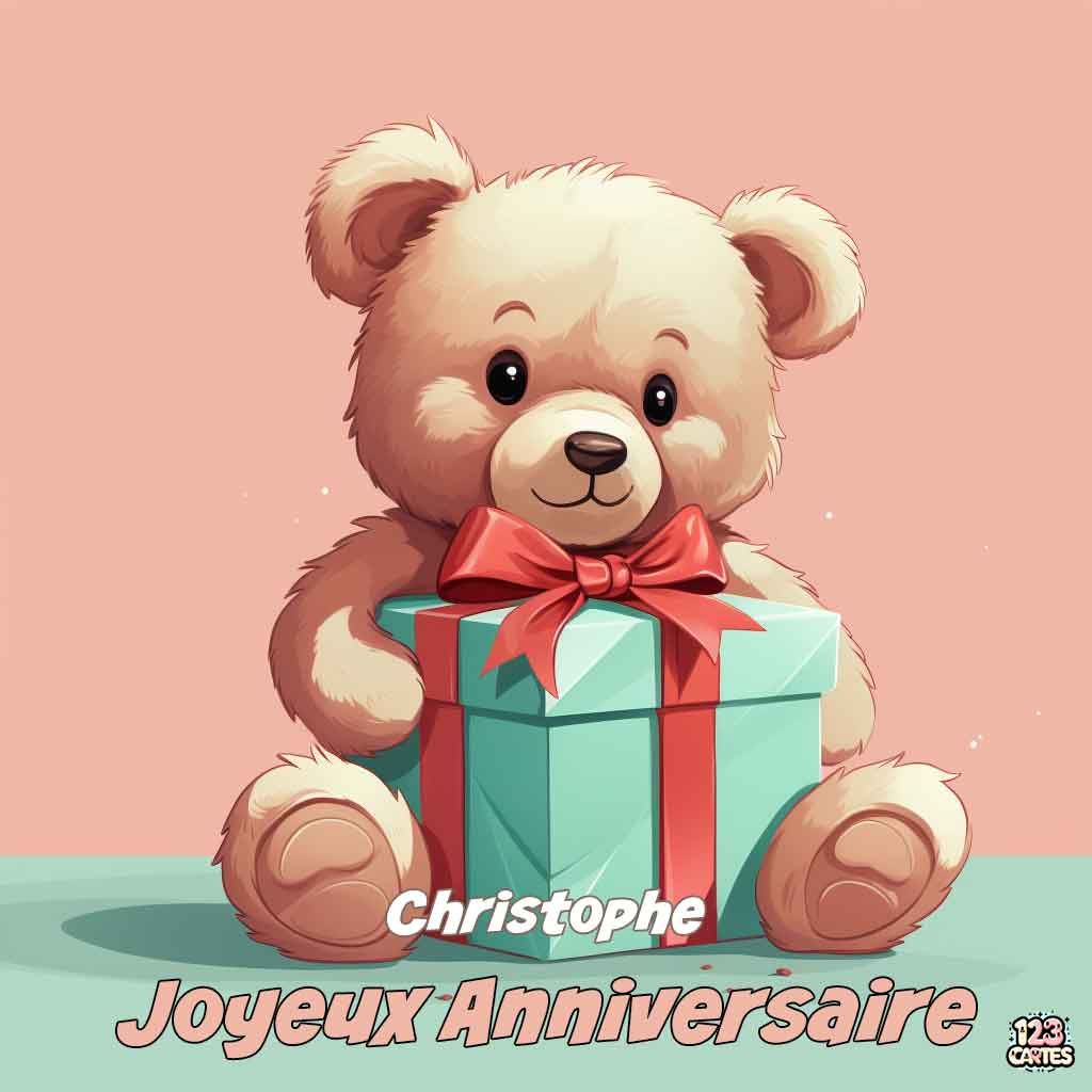 Ours en peluche tenant un cadeau sur fond rose avec texte "Joyeux Anniversaire Christophe"