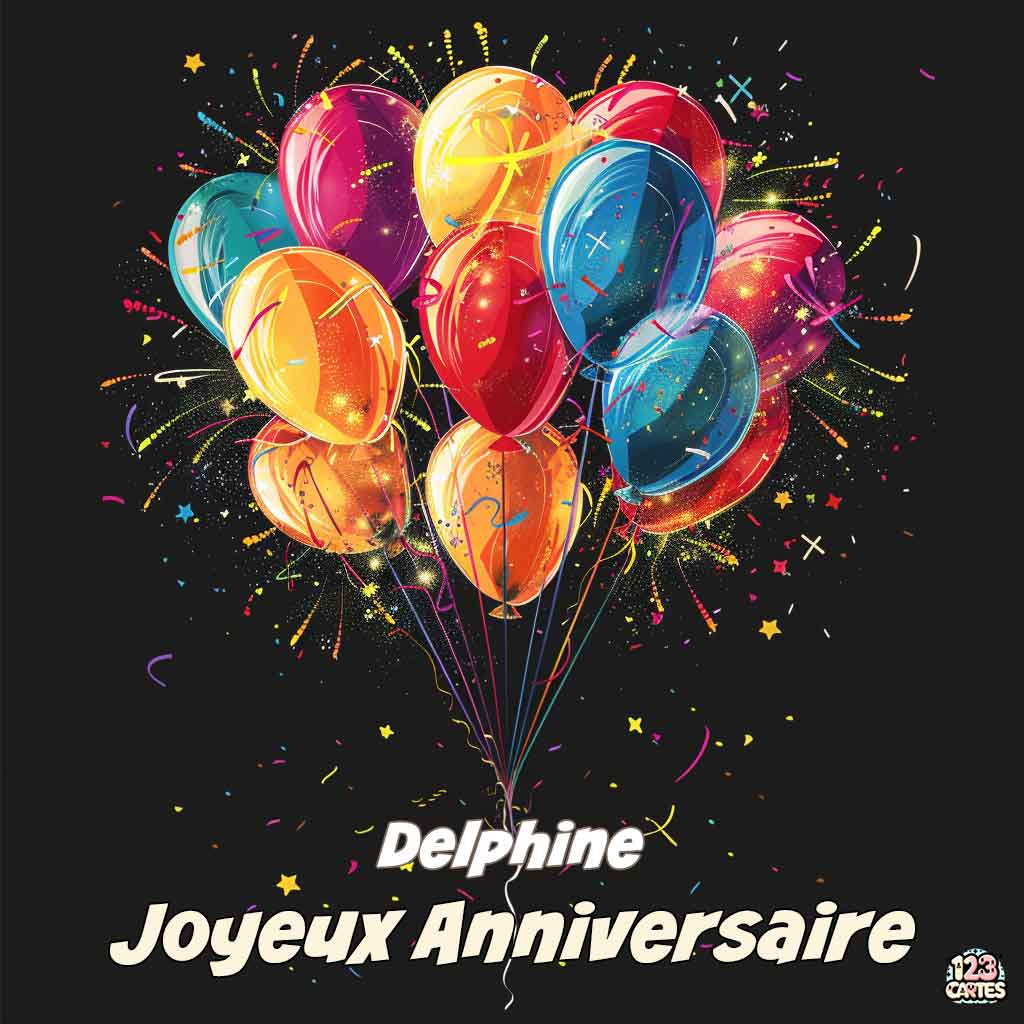 Ballons colorés avec des effets de feu d'artifice sur fond noir avec texte "Joyeux Anniversaire Delphine"