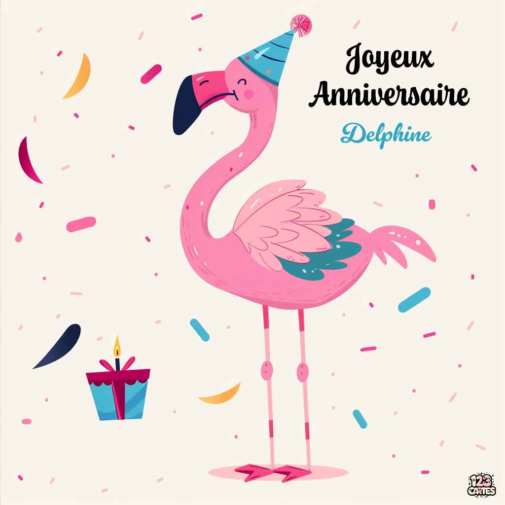 Flamant rose avec chapeau de fête et cadeau avec texte "Joyeux Anniversaire Delphine"