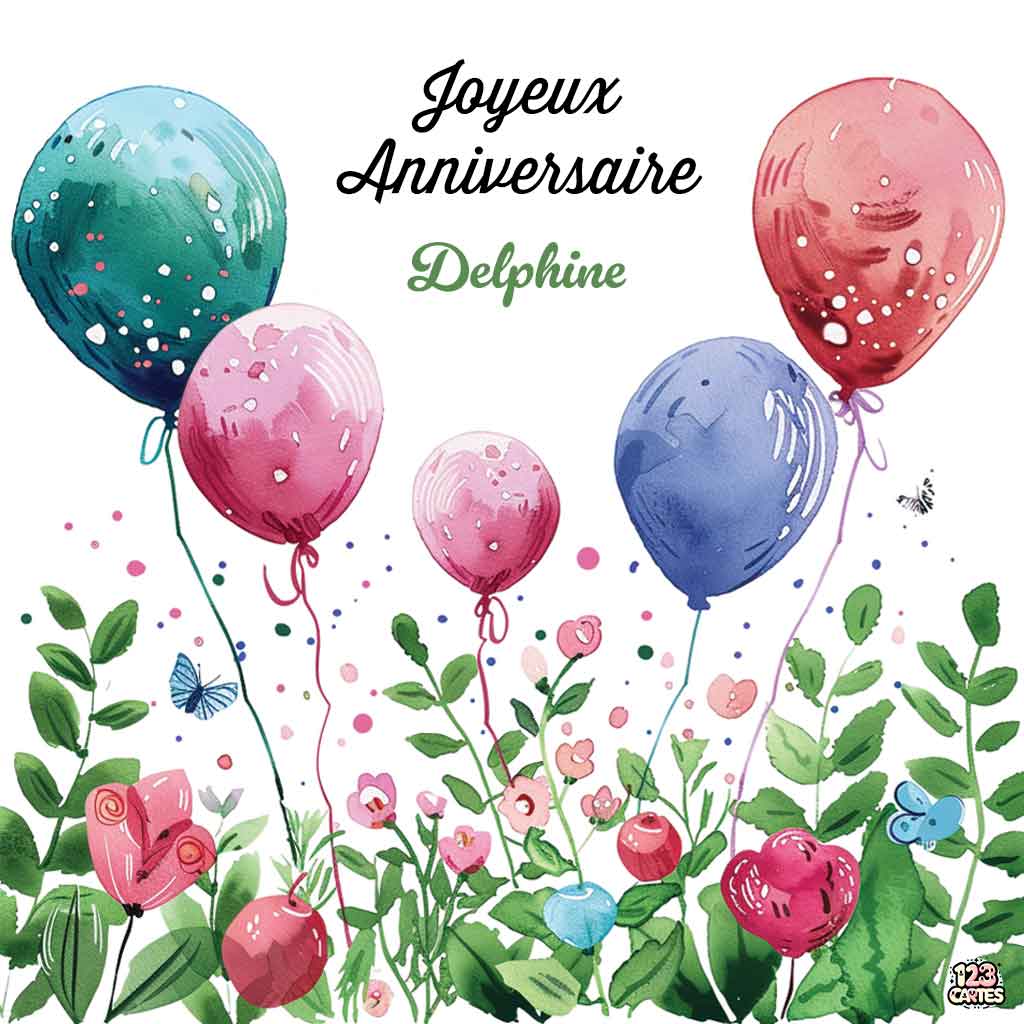 Ballons colorés et fleurs sur fond blanc et texte "Joyeux Anniversaire Delphine"