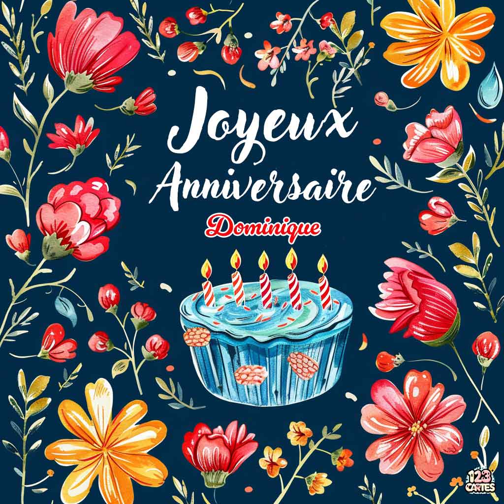 Gâteau avec bougies entouré de fleurs colorées sur fond bleu foncé avec texte "Joyeux Anniversaire Dominique"