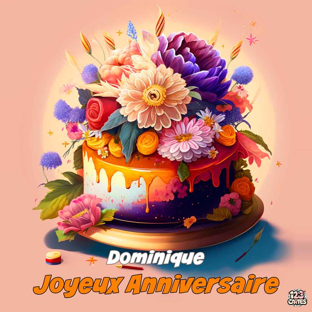 Gâteau décoré de fleurs sur fond orange et texte "Joyeux Anniversaire Dominique"