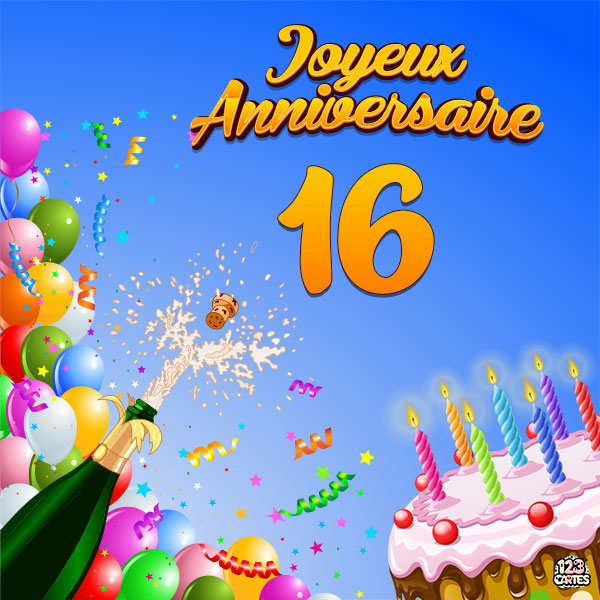 Carte joyeux anniversaire 16 ans avec gâteau d'anniversaire, ballons colorés et confettis