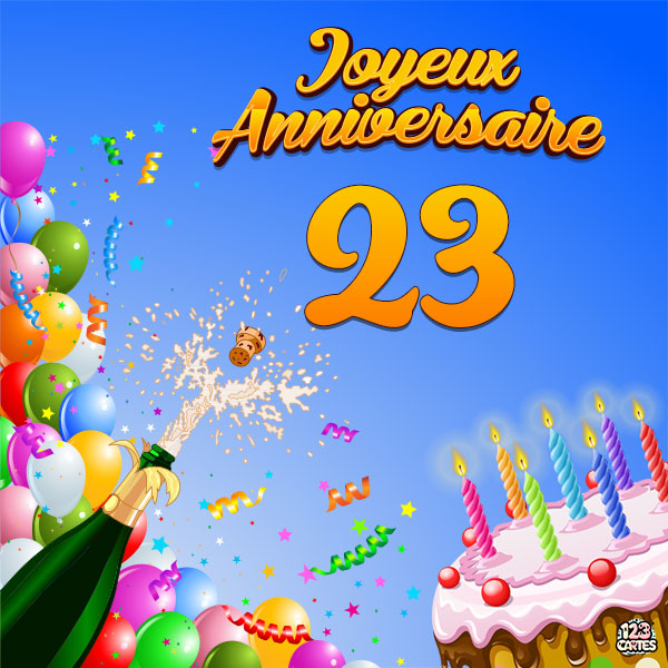 Carte joyeux anniversaire 23 ans avec gâteau d'anniversaire, ballons colorés et confettis