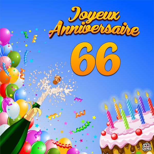 Carte joyeux anniversaire 66 ans avec gâteau d'anniversaire, ballons colorés et confettis